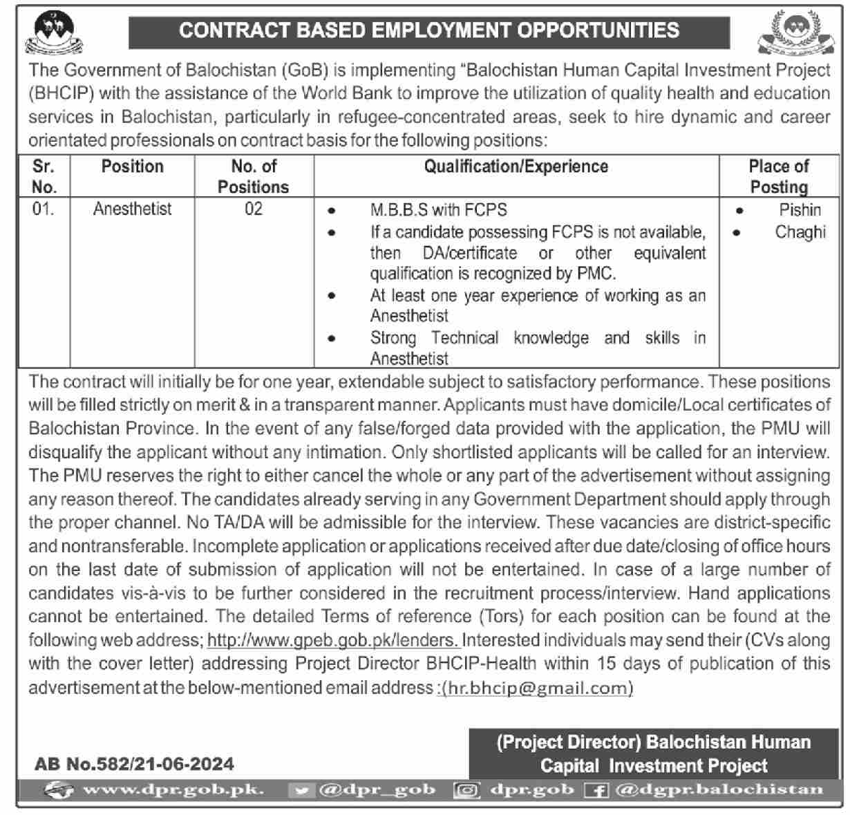 Balochistan Human Capital Investment Project Jobs 2024