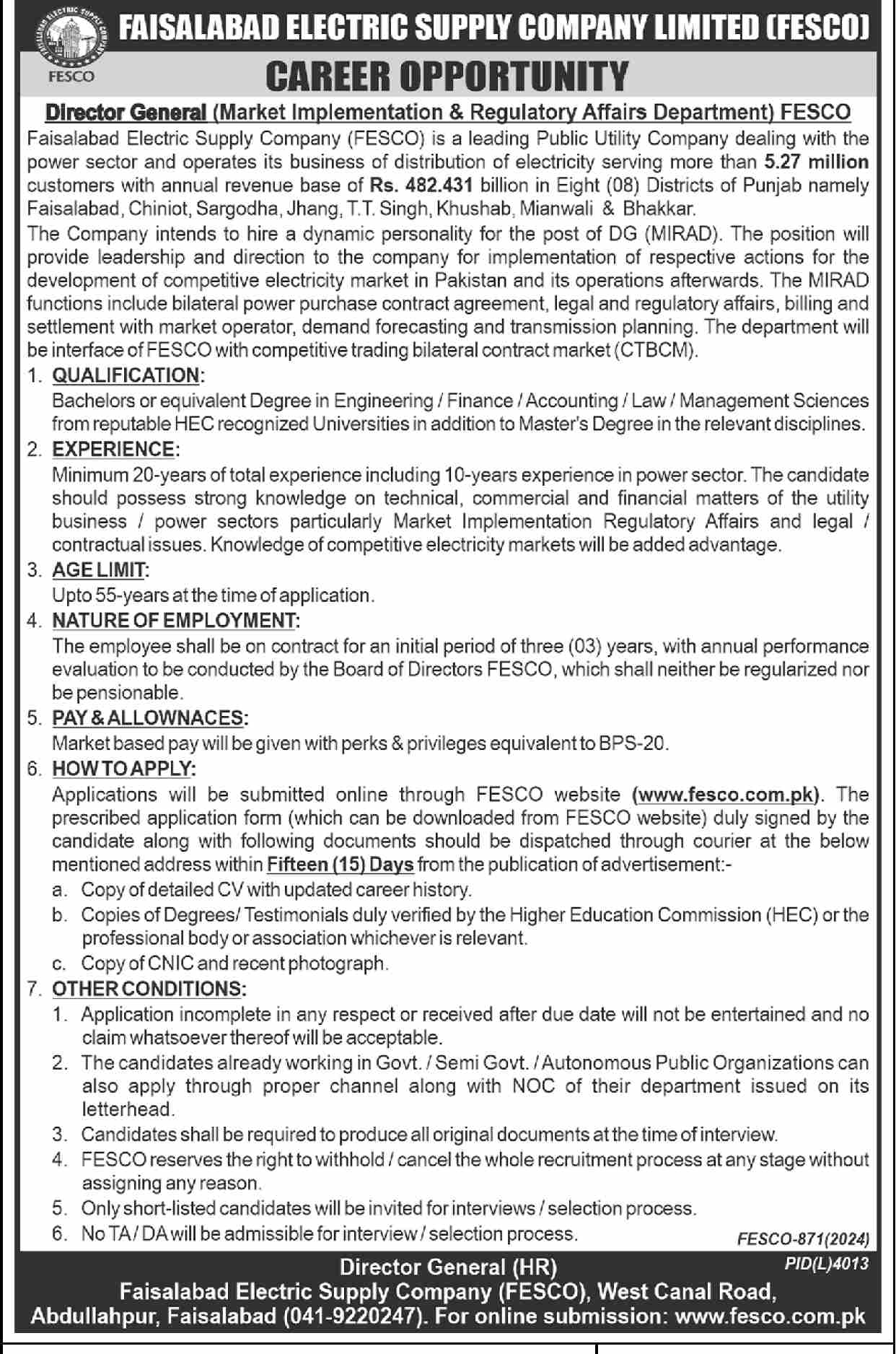 Faisalabad Electric Supply Company FESCO Jobs 2024