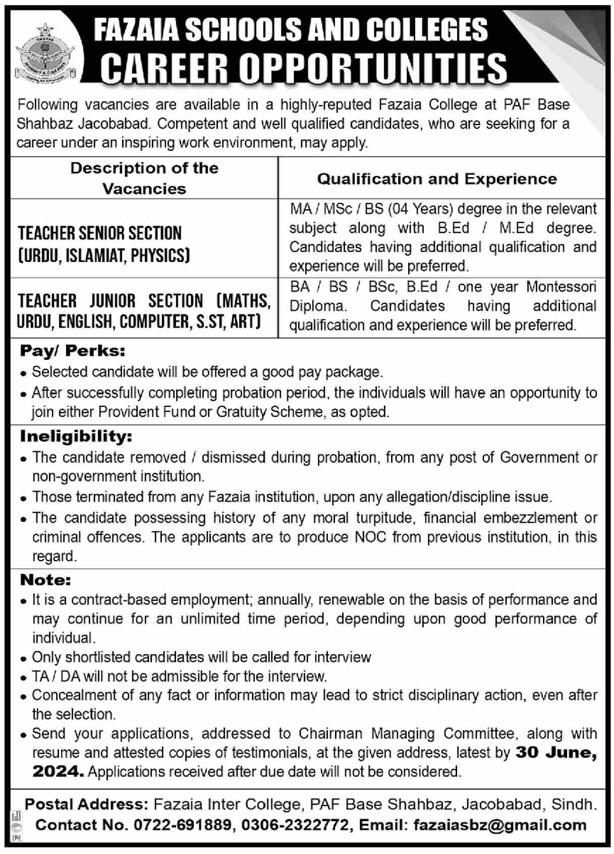 Fazaia Schools and Colleges Jobs 2024