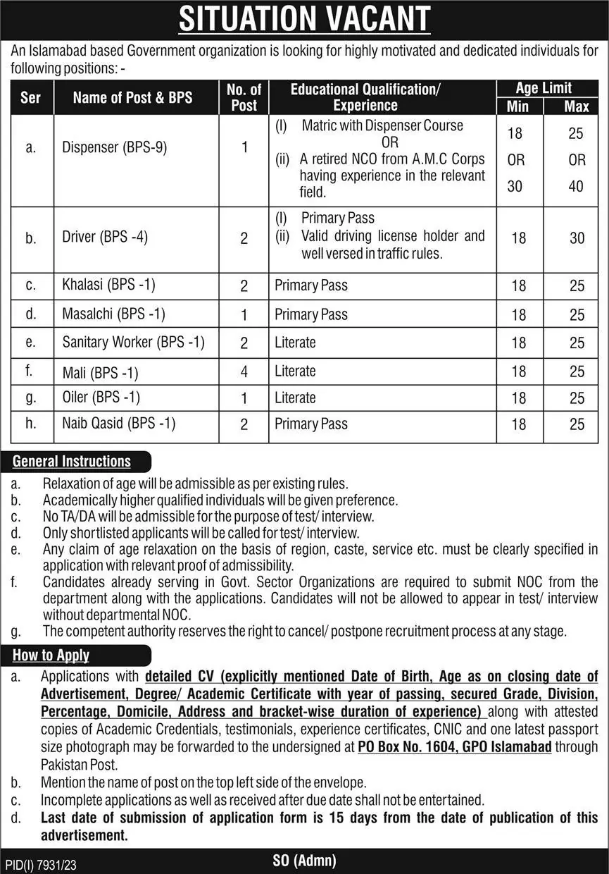 Govt Organization PO Box 1604 GPO Islamabad Jobs 2024