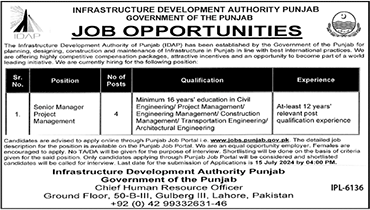 Infrastructure Development Authority Punjab IDAP Jobs 2024