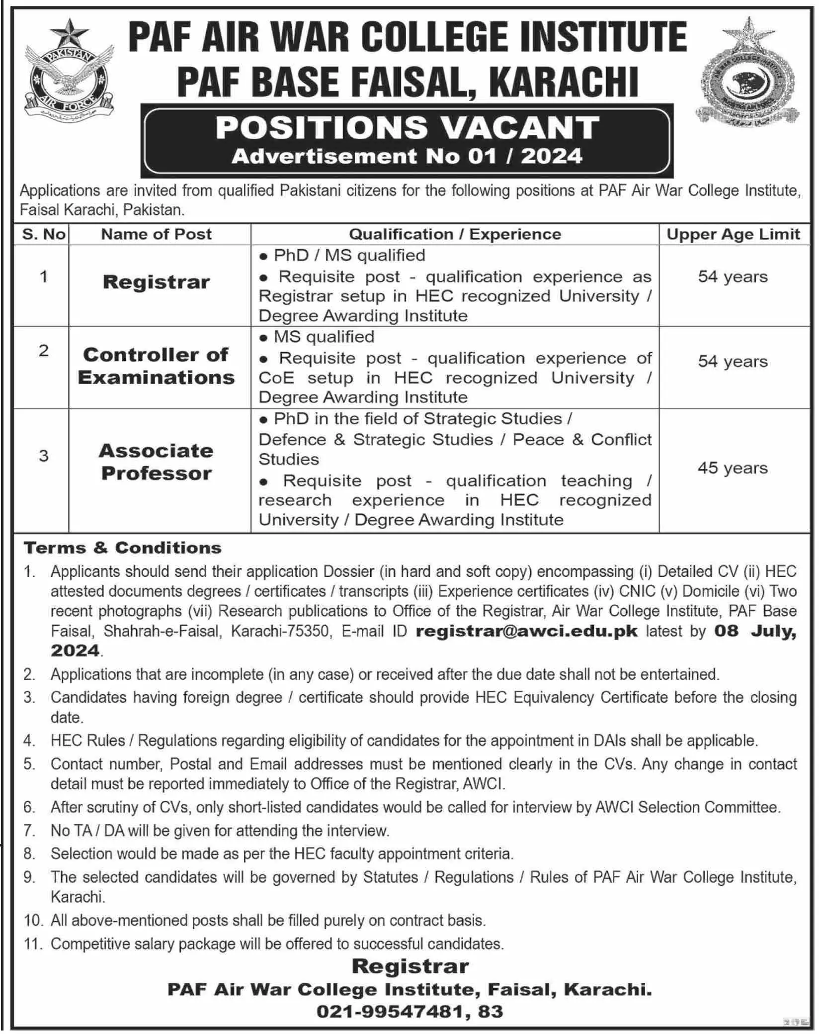 PAF Air War College Institute PAF Faisal Base Karachi Jobs 2024