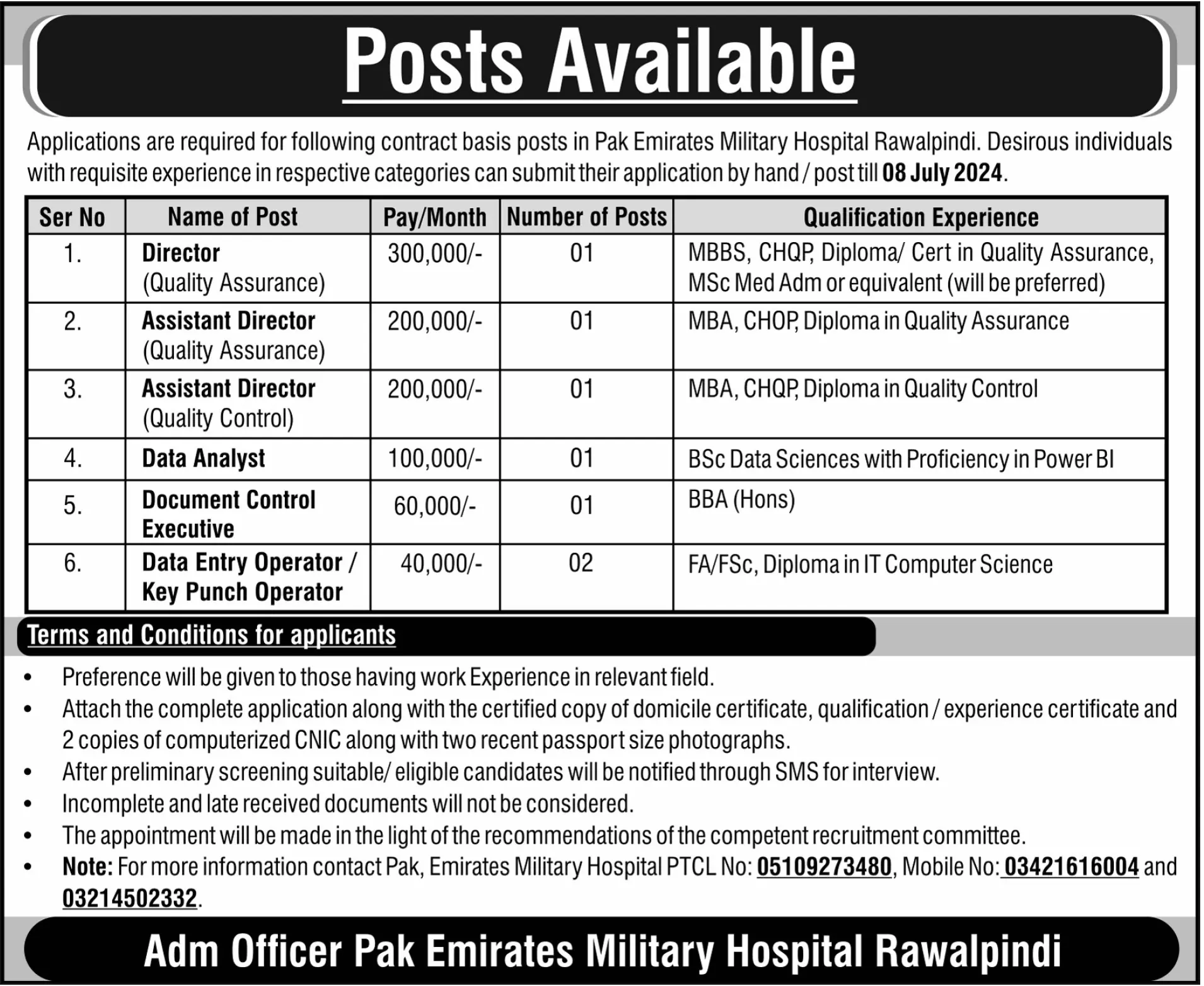 Pak Emirates Military Hospital Rawalpindi Jobs 2024