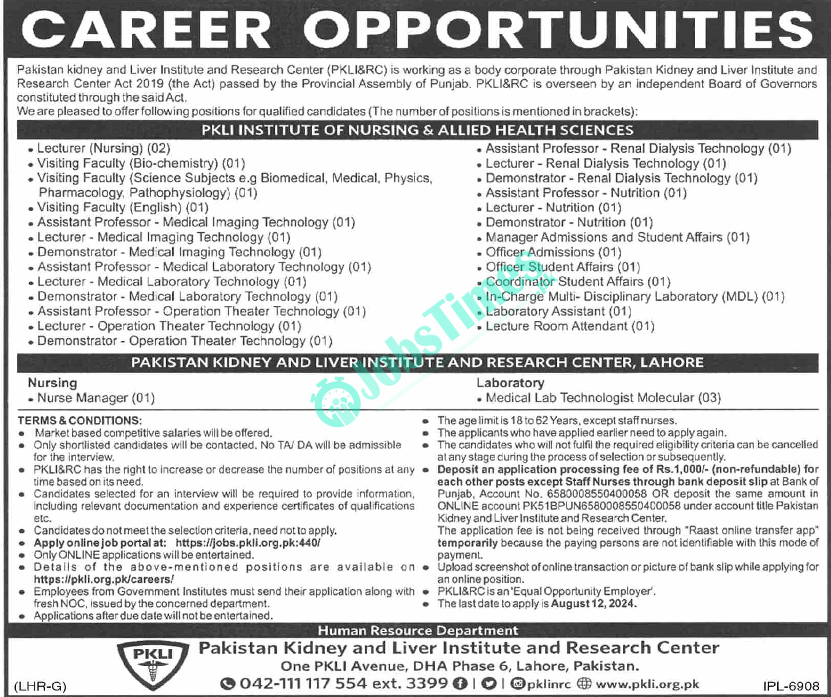 Pakistan Kidney and Liver Institute & Research Center Jobs 2024