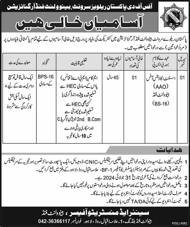 Pakistan Railways Servant Benevolent Fund Organization Jobs 2024