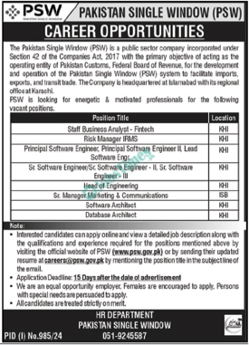 Pakistan Single Window PSW Jobs 2024