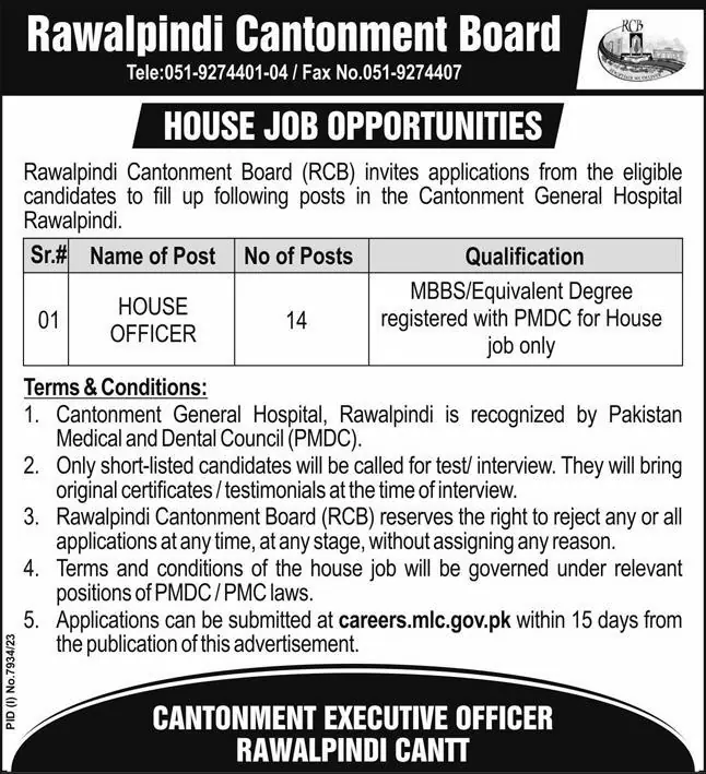 Rawalpindi Cantonment Board RCB General Hospital Jobs 2024