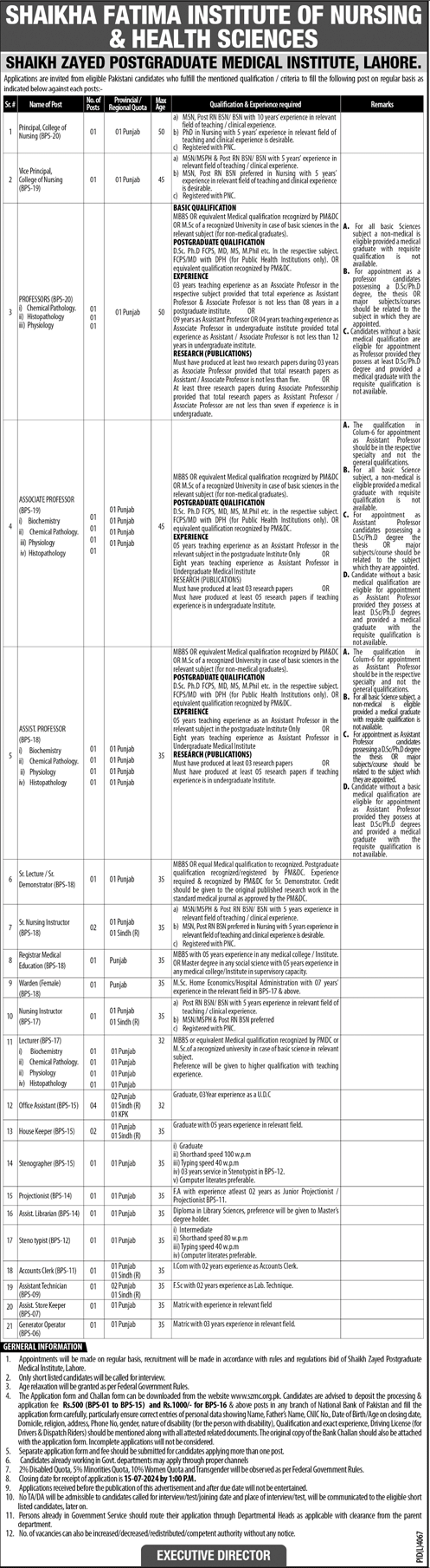 Shaikha Fatima Institute of Nursing and Health Sciences Jobs 2024