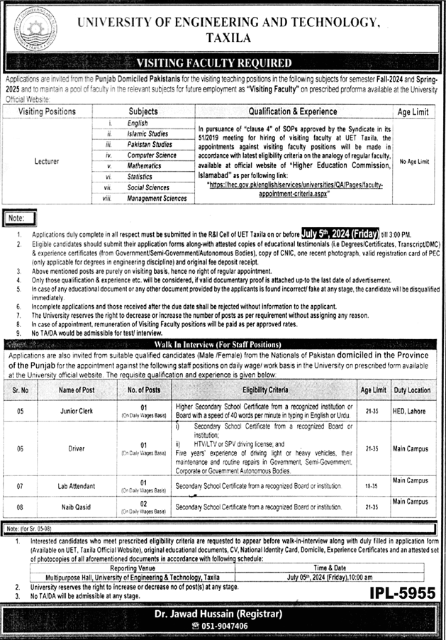 University of Engineering & Technology UET Taxila Jobs 2024