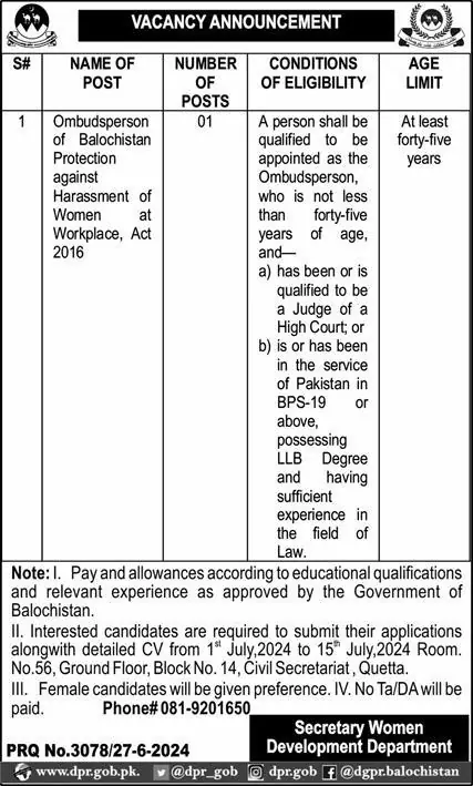 Women Development Department Balochistan Jobs 2024