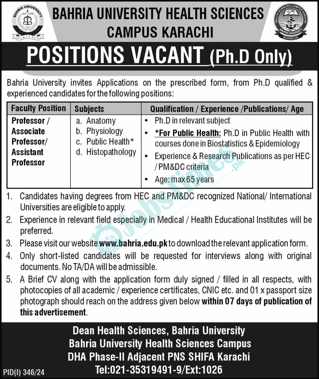 Bahria University Health Sciences Campus Karachi Jobs 2024