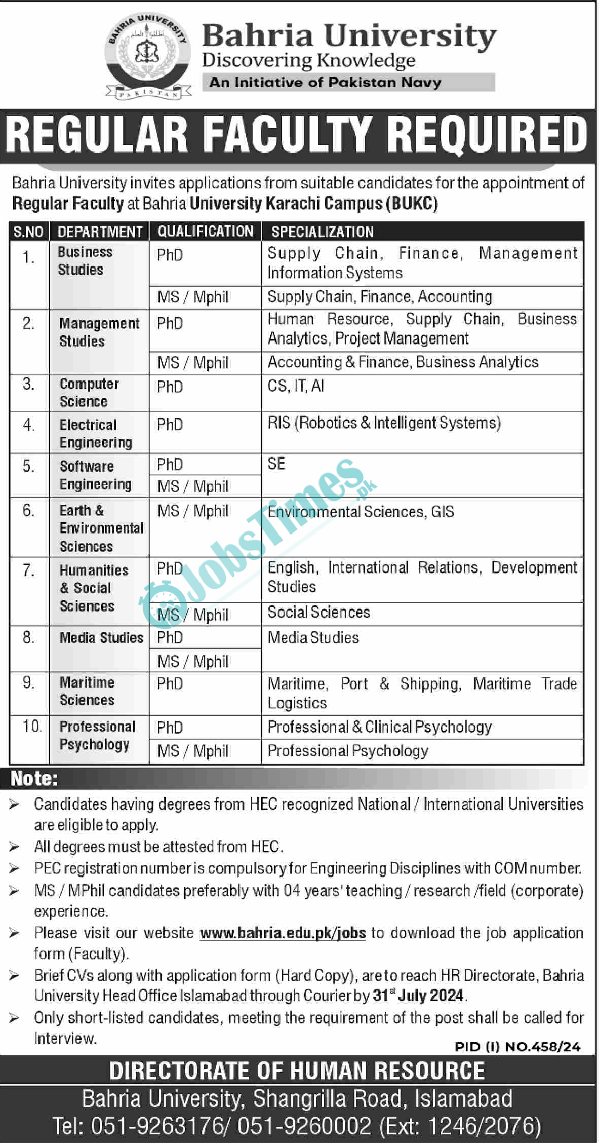 Bahria University Karachi Campus Jobs 2024