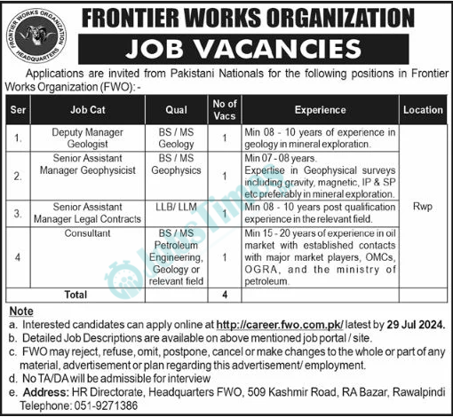 Frontier Works Organization FWO Jobs 2024