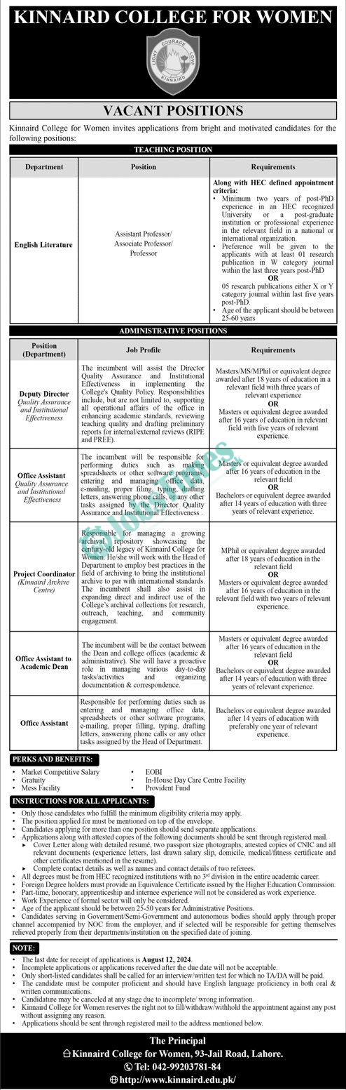 Kinnaird College for Women Jobs 2024