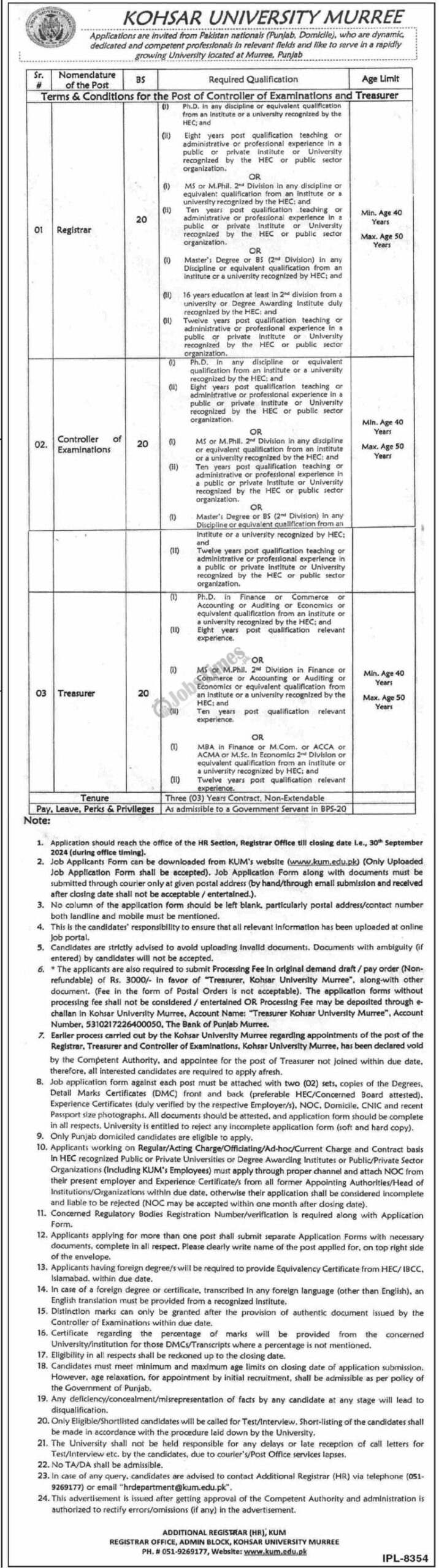 Kohsar University Murree Jobs 2024 