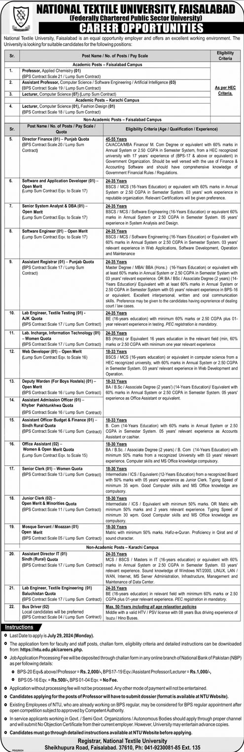 National Textile University Faisalabad Jobs 2024