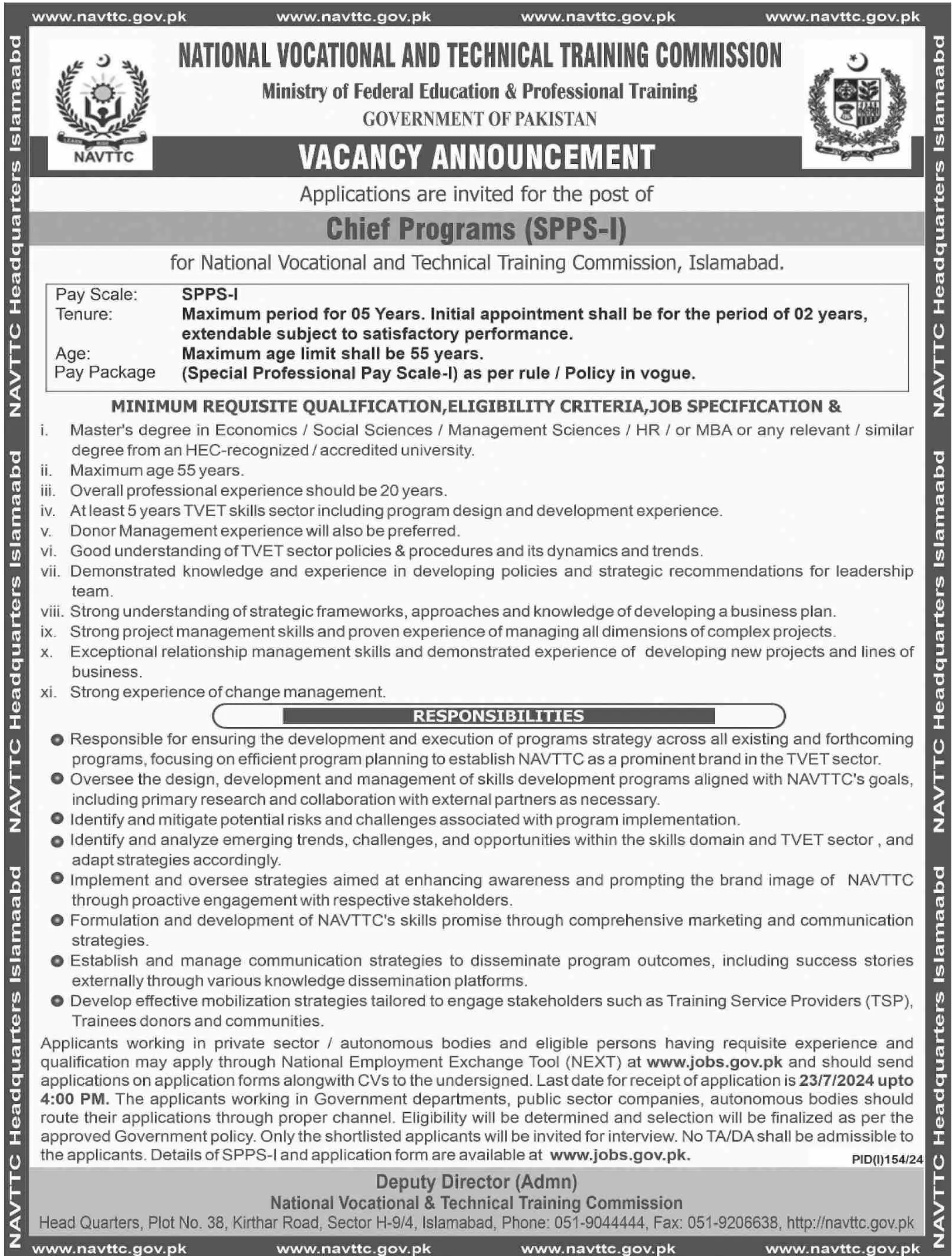 National Vocational and Technical Training Commission NAVTTC Jobs 2024