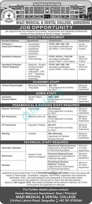 Niazi Medical & Dental College NMDC Sargodha Jobs 2024