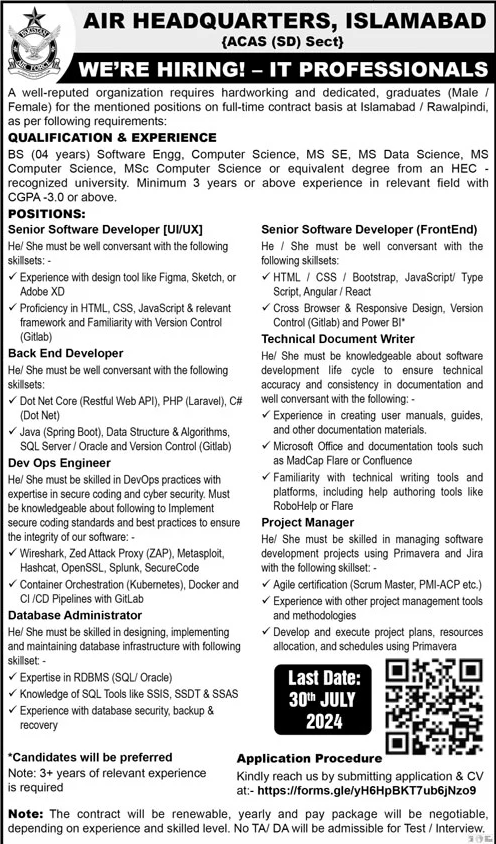 Pakistan Air Force PAF Air Headquarters Islamabad Jobs 2024