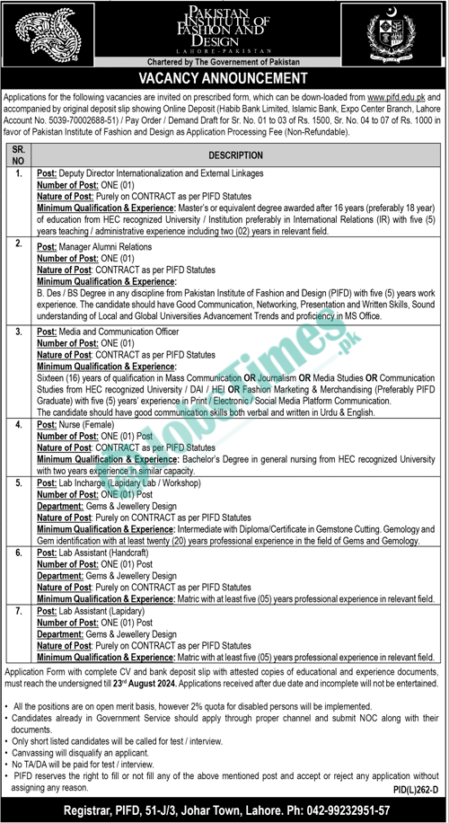 Pakistan Institute of Fashion and Design PIFD Jobs 2024 