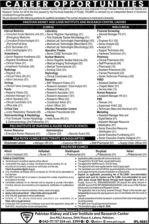 Pakistan Kidney And Liver Institute PKLI Jobs 2024