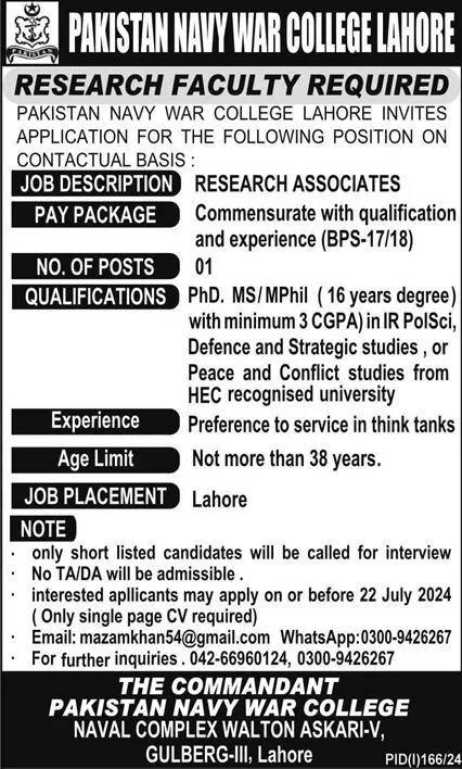 Pakistan Navy War College Lahore Jobs 2024