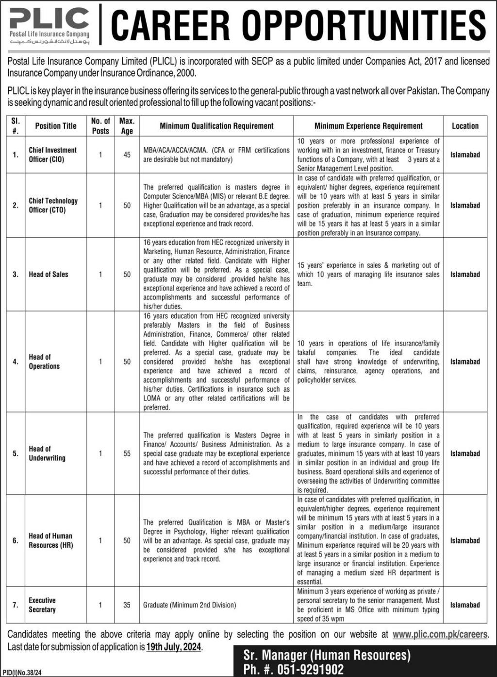 Postal Life Insurance Company Limited PLIC Jobs 2024