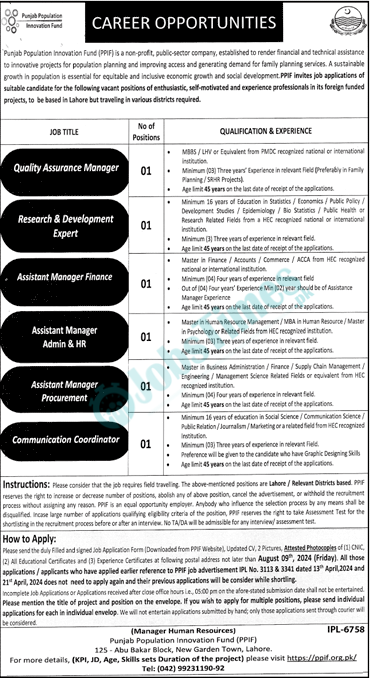 Punjab Population Innovation Fund PPIF Jobs 2024