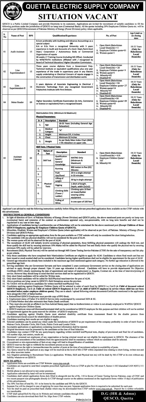 Quetta Electric Supply Company QESCO Jobs 2024