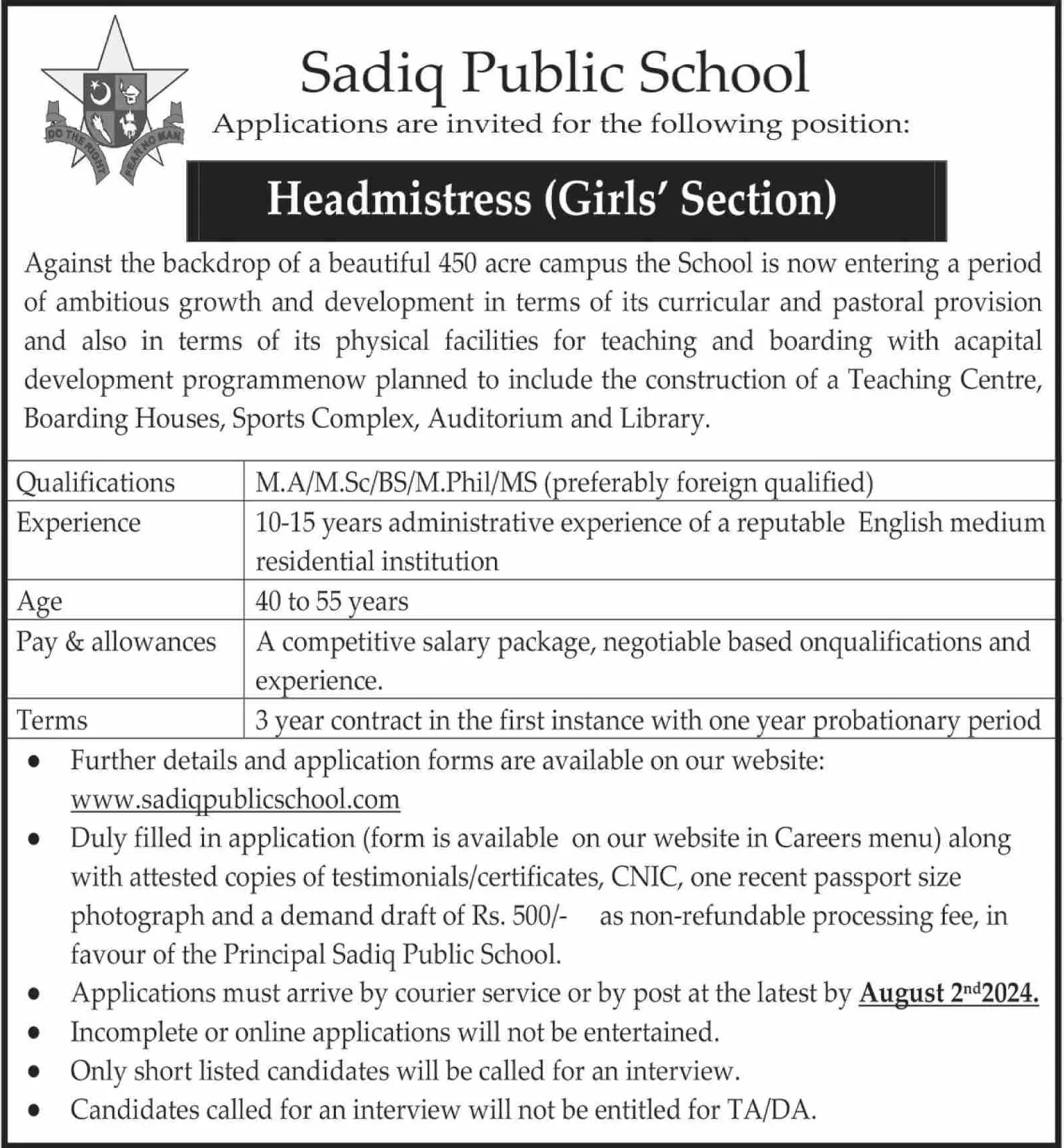 Sadiq Public School Jobs 2024 