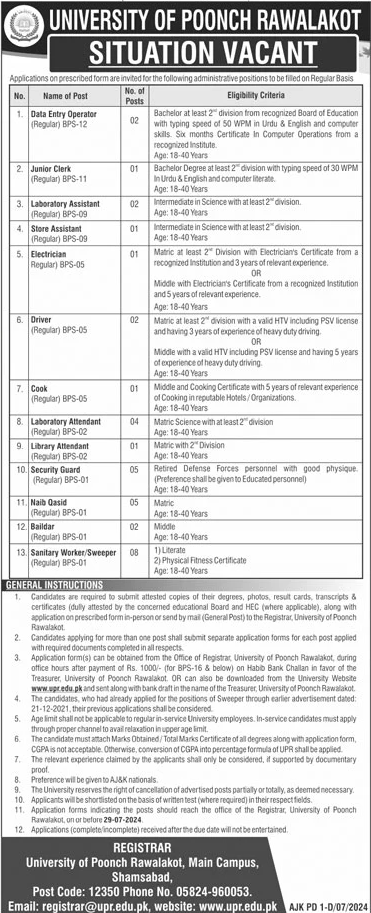 University of Poonch Rawalakot Jobs 2024