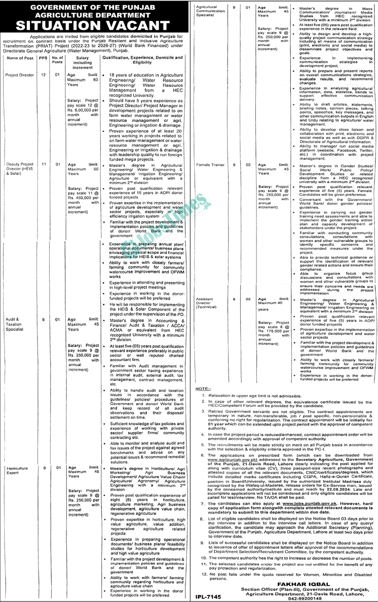 Agriculture Department Punjab Jobs 2024