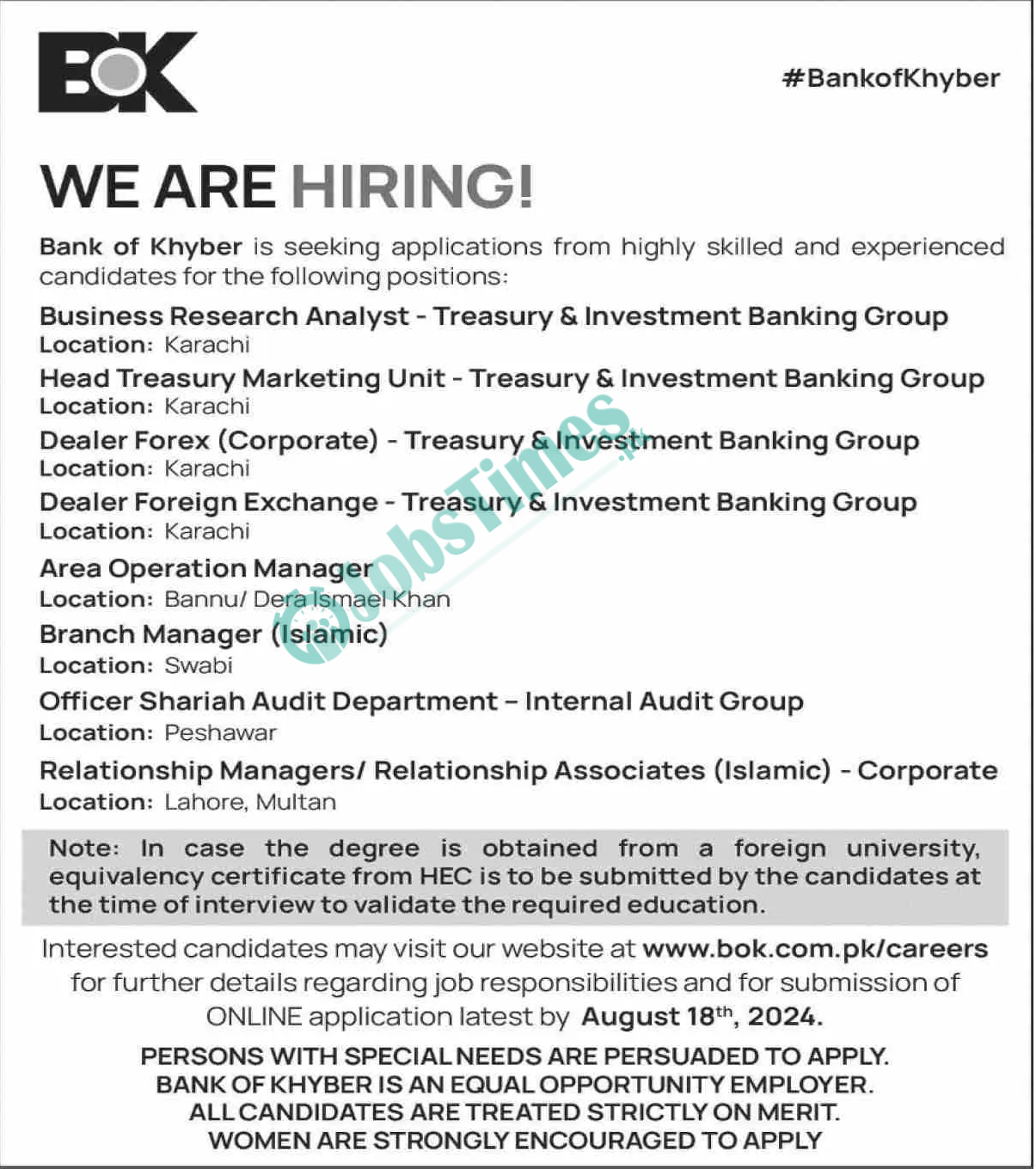 Bank of Khyber BOK Jobs 2024 