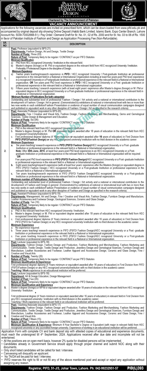 Pakistan Institute of Fashion and Design PIFD Jobs 2024