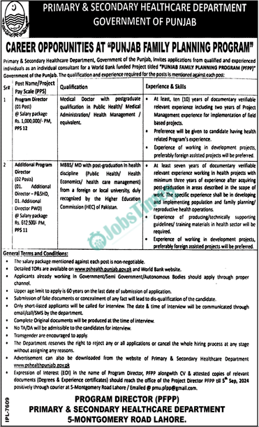 Primary and Secondary Healthcare Department Punjab Jobs 2024