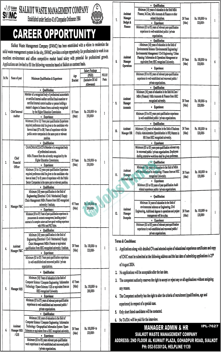 Sialkot Waste Management Company SWMC Jobs 2024