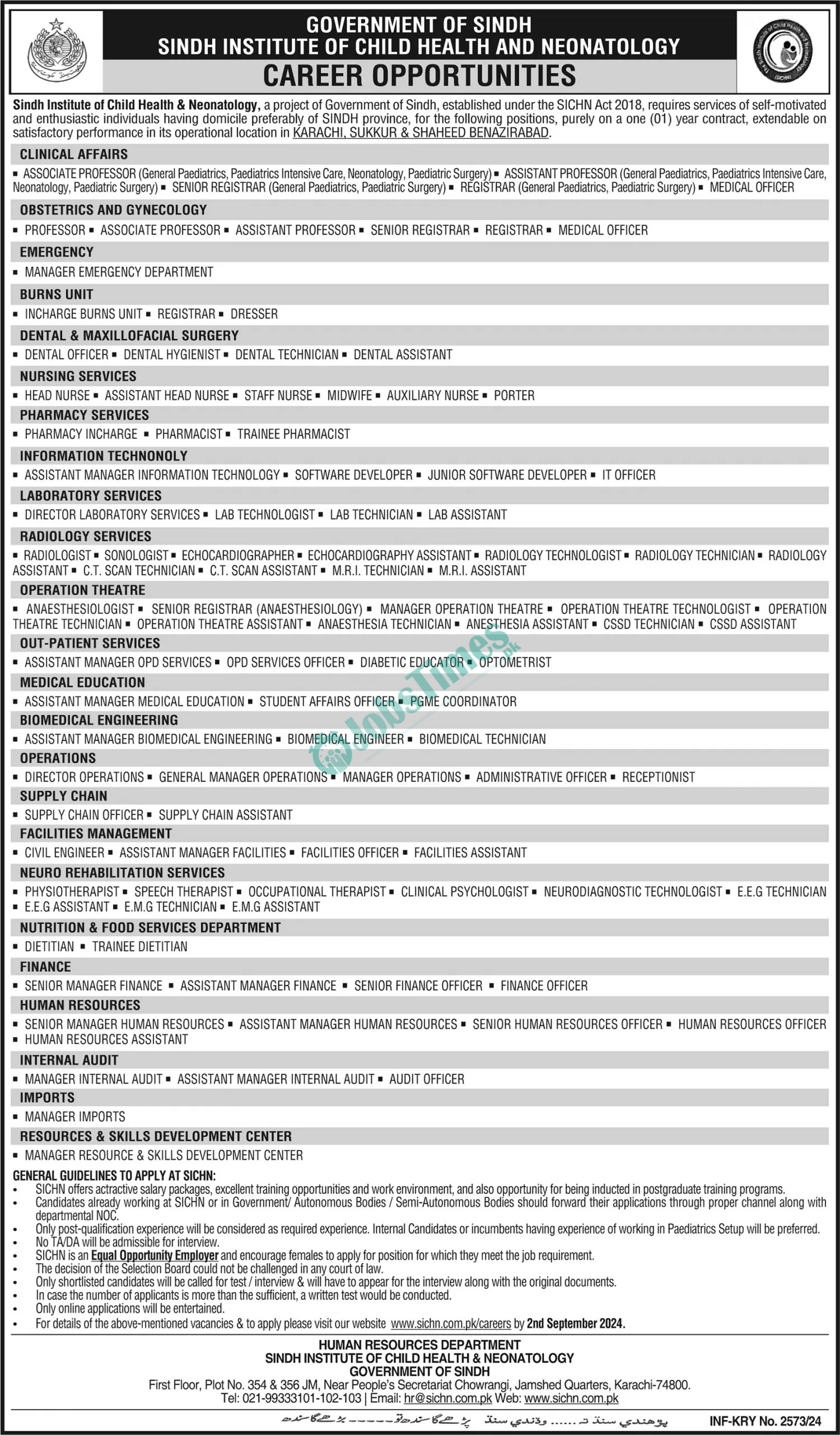 Sindh Institute of Child Health and Neonatology SICHN Jobs 2024