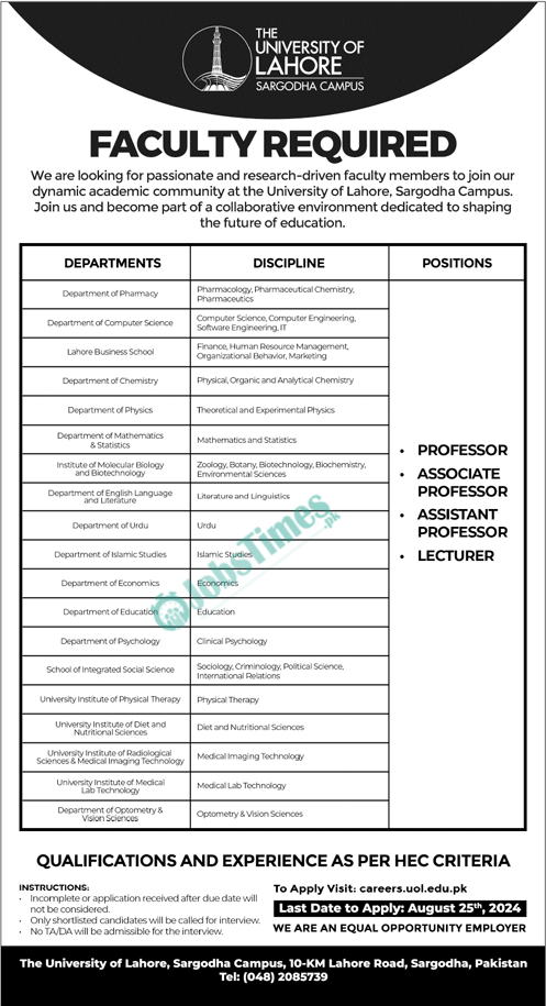 University of Lahore UOL Sargodha Campus Jobs 2024