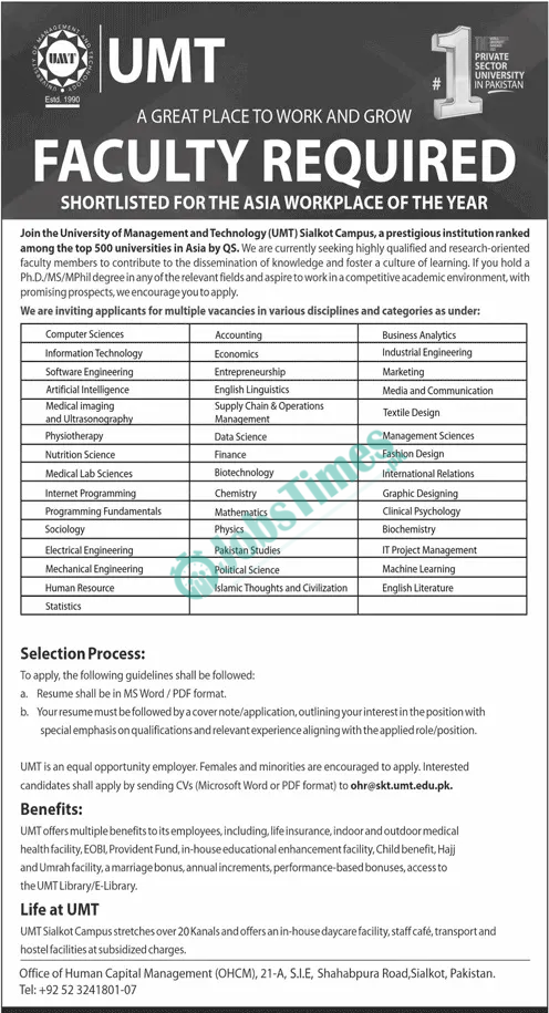 University of Management and Technology UMT Jobs 2024