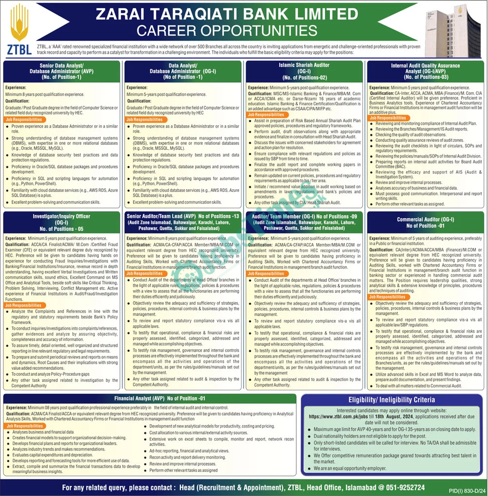 Zarai Taraqiati Bank Limited ZTBL Jobs 2024