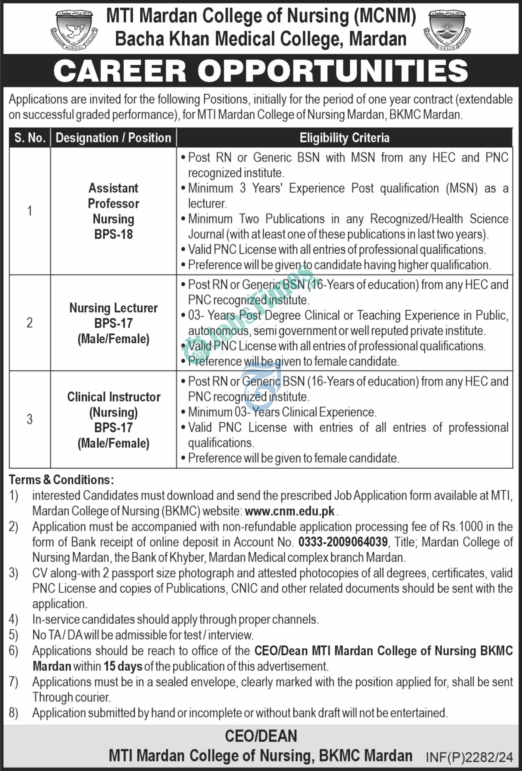 Bacha Khan Medical College Mardan Jobs 2024