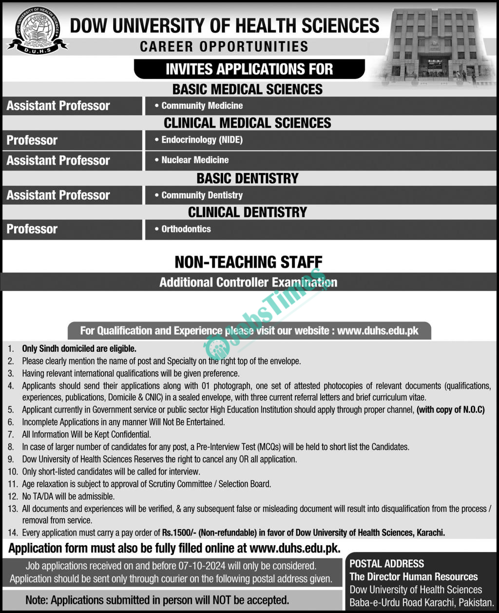 Dow University of Health Sciences DUHS Jobs 2024