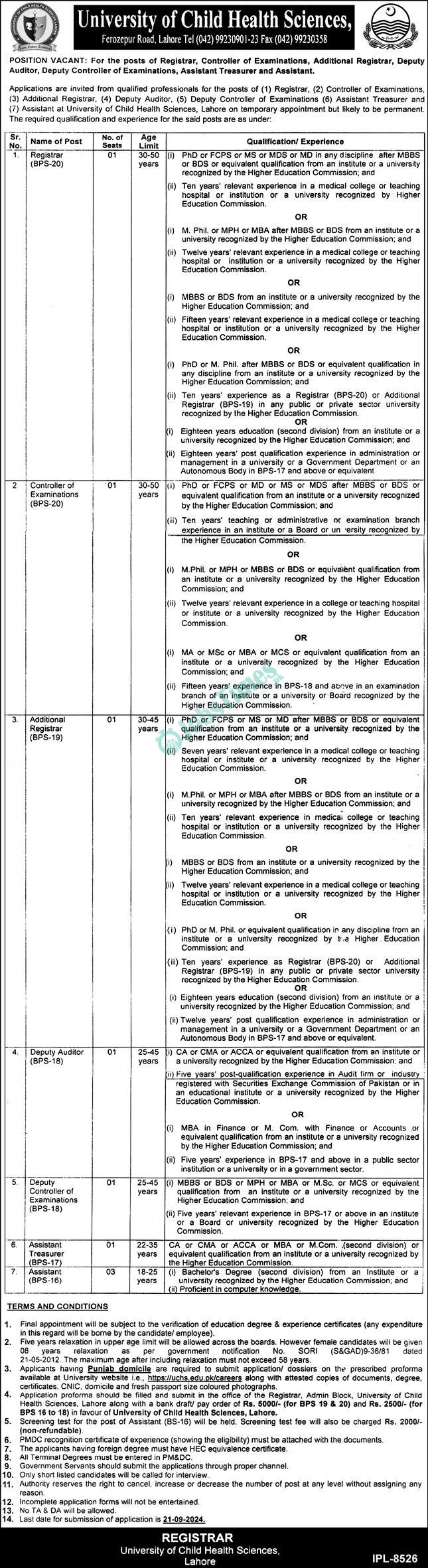 University of Child Health Sciences Jobs 2024