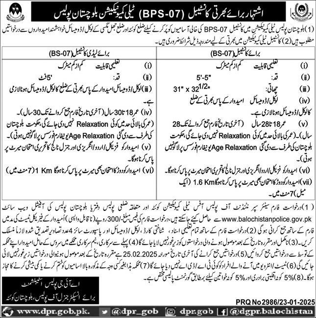 Balochistan Police Constable Jobs 2025