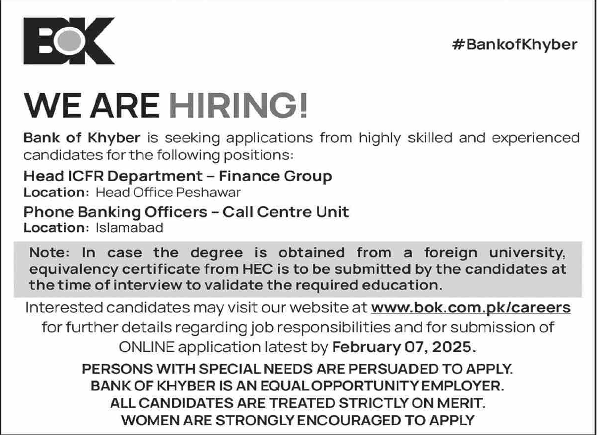 Bank of Khyber BOK Jobs 2025