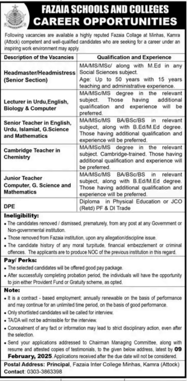 Fazaia College Minhas Kamra Jobs 2025 