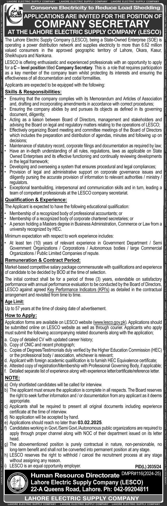 Lahore Electric Supply Company LESCO Jobs 2025