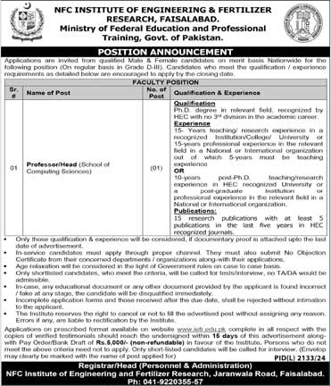 NFC Institute of Engineering & Fertilizer Research Faisalabad Jobs 2025