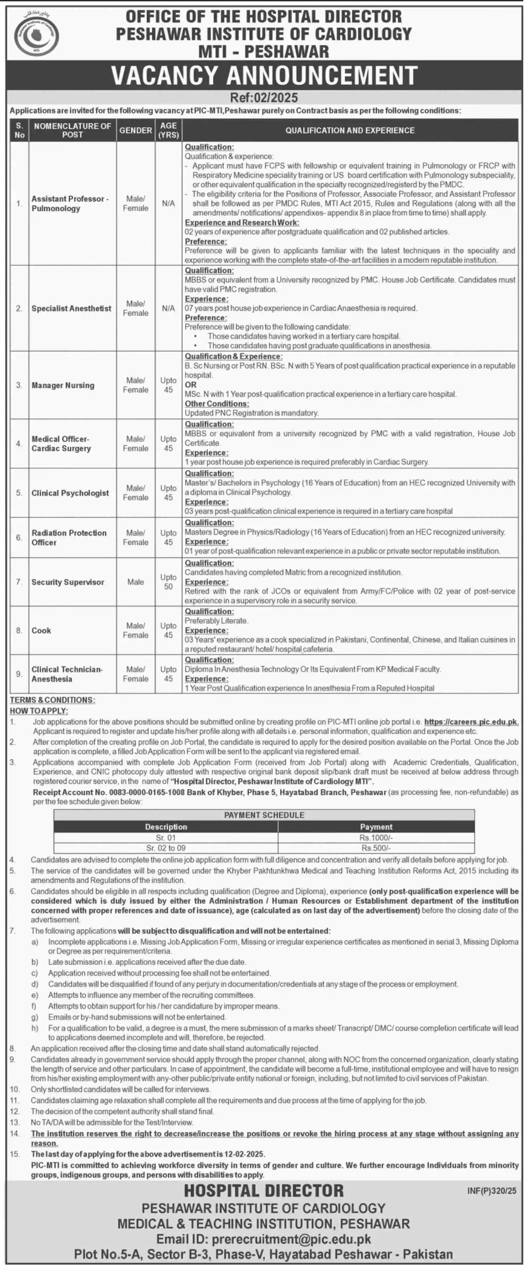 Peshawar Institute of Cardiology PIC Jobs 2025