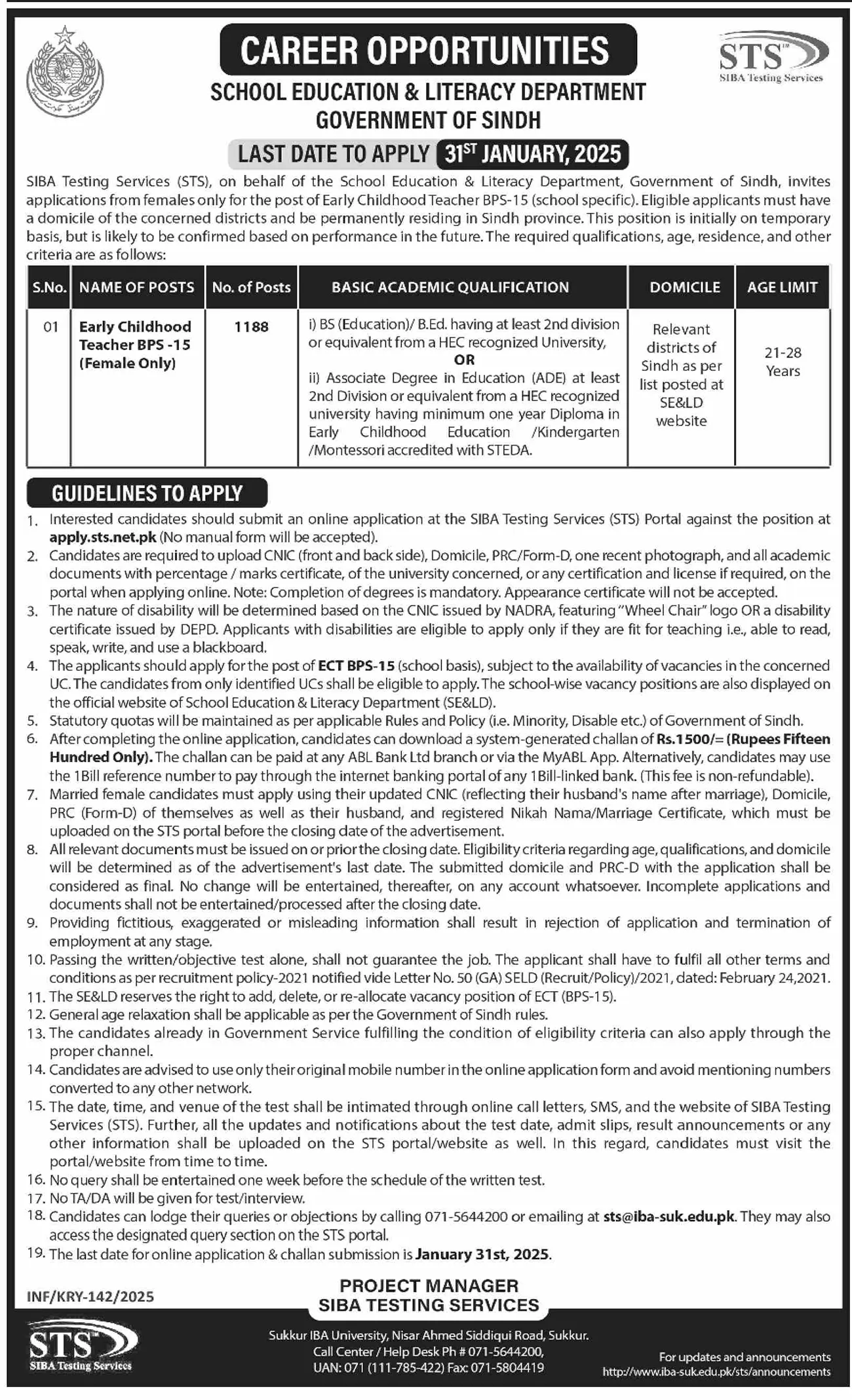 School Education and Literacy Department Sindh Jobs 2025